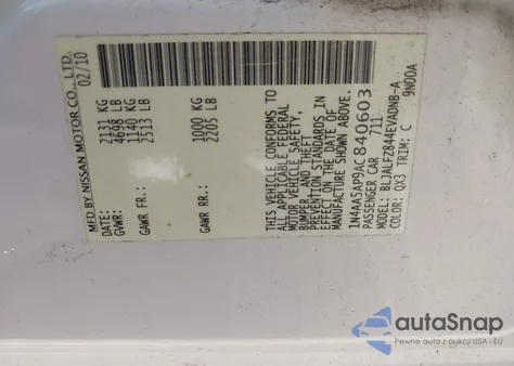 2010 Nissan Maxima 3.5 Sv z USA, uszkodzony, nr VIN 1N4AA5AP9AC840603